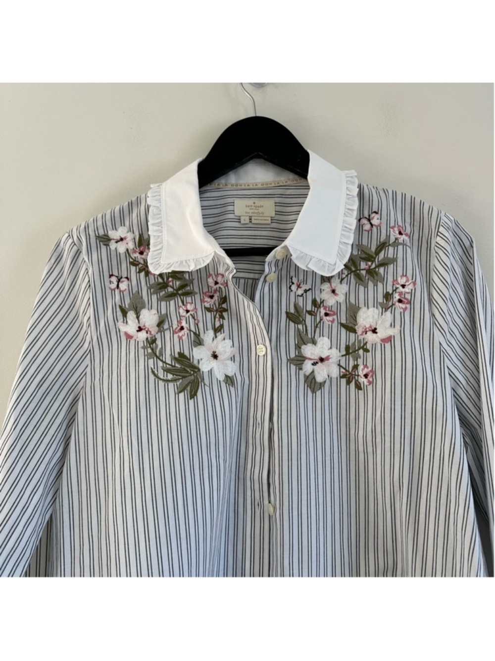 Kate Spade Embroidered Stripe Ruffle Top Size Large Botanical Ruffle Collar - Picture 8 of 11